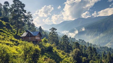 Fototapeta na wymiar Mountain Escape: A Serene Countryside Cottage Amidst Lush Greenery and Clear Blue Skies