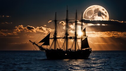 Black silhouette of a sailing ship at sea against the background of a full moon