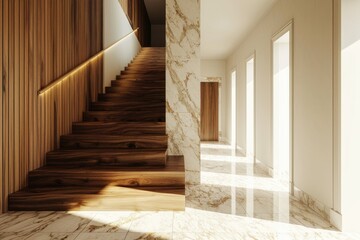 Minimalist Nordic Entrance: Wooden Staircase and Marble Floor