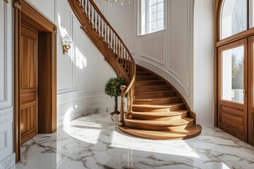 Modern Minimalist Entrance: Wooden Staircase, Marble Floor & Contemporary DÃ©cor