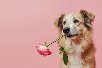 Cute dog holding rose in mouth, Banner for holiday with copy space
