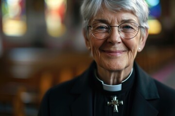 Smiling Female Priest in Collar and Glasses - Portrait of Mature Woman Reverend with Church Background - obrazy, fototapety, plakaty