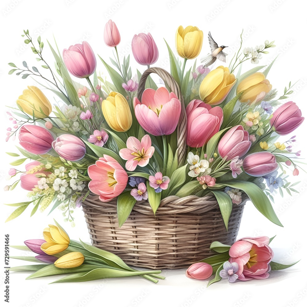 Sticker Spring flowers in the basket, pink and yellow tulips, pastel colors. Isolated watercolor illustration. Perfect for card, fabric, tags, invitation, printing, wrapping.