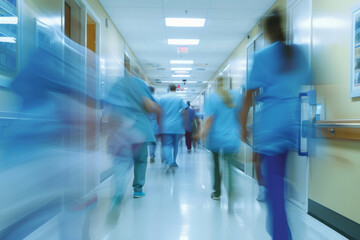 Fototapeta na wymiar Doctors and medical staff walk down in hospital, Busy corridor in medical clinic with motion blur effect