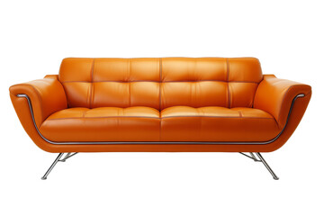 Brown leather sofa isolated on transparent background, front view. Modern couch for living room interior. Interior furniture