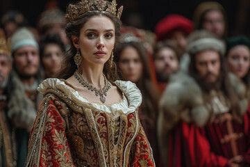 the queen stands before her subjects in the palace, dressed in a fur cape and medieval dress