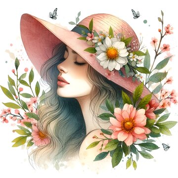 Woman wearing hat with spring flowers. Spring concept, retro vintage look. Watercolor illustration