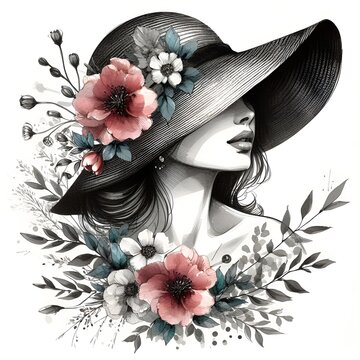 Woman wearing hat with spring flowers. Spring concept, retro vintage look. Watercolor illustration