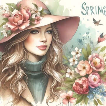 Woman wearing hat with spring flowers. Spring concept, retro vintage look. Watercolor illustration