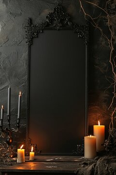 Blank black chalkboard, burning candles and candlesticks on dark background. Mock up, 3D Rendering
