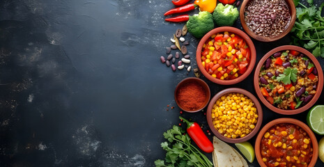 Various Mexican food on a black background are shown, several typical Mexican snacks such as tacos, chile con carne, nachos, among others.