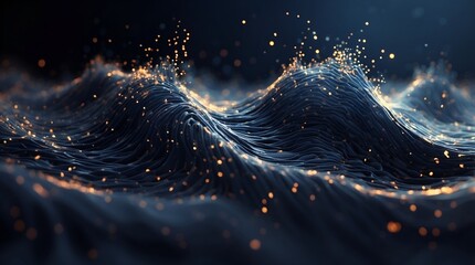 wave of navy blue particles, sound and music visualization, abstract background, glitter