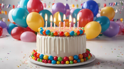 Fototapeta na wymiar Candles burning on an white iced birthday cake with multicoloured balloons in the background, copy space on the cake to add your