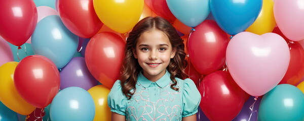 A teenage girl surrounded by colorful balloons. The atmosphere of celebration, joy and happiness.