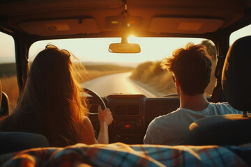 Couple driving car on country road with beautiful nature landscape, rear view. Road trip and weekend activities concept. Summer holidays - Powered by Adobe