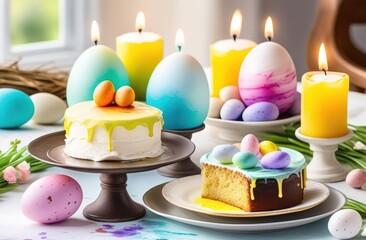 Traditional homemade Easter cake decorated with icing, candles in the shape of eggs on a white table with colorful Easter eggs. Christ is risen