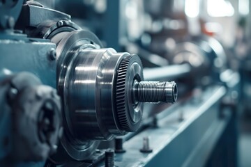 A close-up photo capturing the intricate details of a machine in a bustling factory, displaying its mechanical components in motion.