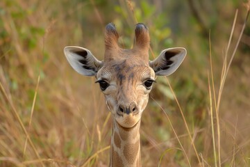 Fototapeta premium A detailed photo capturing a giraffe up close, standing in a field of tall grass.