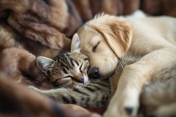 A dog puppy and a kitten sleep together as companions - obrazy, fototapety, plakaty
