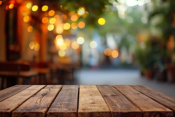 A small wooden terrace table in a small street bar, at dusk, empty with nothing, a mockup to put something on.