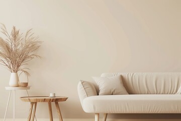 Interior of living room with beige sofa, coffee table and plant. 3d render