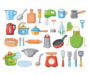 Kitchenware set. Kitchen utensils, tools, equipment and cutlery for cooking. Cartoon vector illustrations of cookware objects isolated