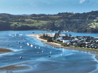 Aerial: Whangateau Harbour and Omaha Beach, Auckland, New Zealand.