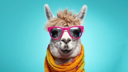 A quirky and stylish llama wearing vibrant pink sunglasses and a colorful scarf against a bright turquoise background