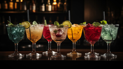 tasty cocktail in the bar. Multi-colored alcoholic cocktails with citrus in glasses on the bar.
