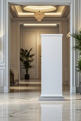 Fototapeta premium Blank roll up banner stand in the lobby of the hotel. 3d rendering