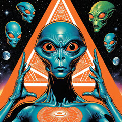 Extravagant Illuminati Scene with Alien Supreme Leader and Hidden Symbols in Comic Book Art Gen AI - 729593285