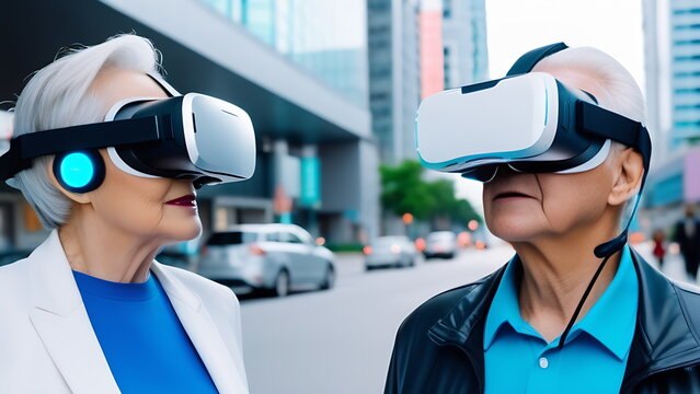 An elderly woman director next to an elderly man wearing virtual reality glasses in the morning in the city