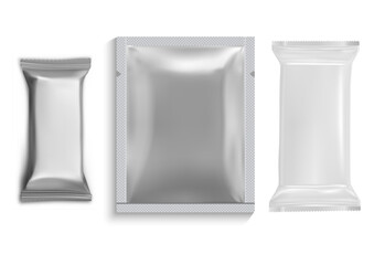 Chocolate bar wrapper. Foil pouch mock up, vector. Biscuit candy paper wrap blank. Silver aluminum sachet, crisp nutrition container for product brand. Wafer bar pack, plastic pouch