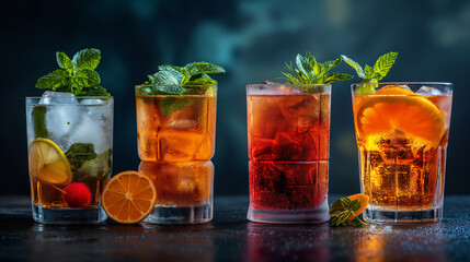 different beautiful cocktails in warm colors on a dark background. cocktail or bar menu concept.