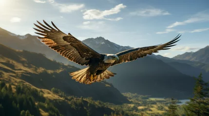  Bald Eagle in flight with mountains in the background at sunset. © Voilla