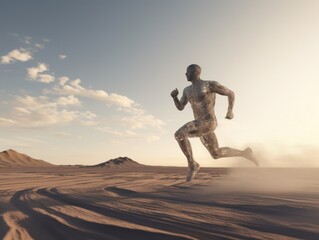Global Running Day. silhouettes of a running man in the desert against a blue sky.
