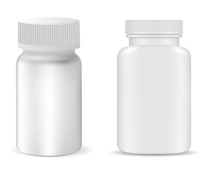 Plastic pill bottle mockup. Supplement capsule jar, isolated realistic vector template. Vitamin tablet container, pharmacy product sample. Pharmaceutical drug packaging design for label and logo