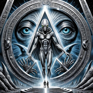 Sinister Illuminati Ritual - an alien-themed, dramatic comic book art with metallic silver and cryptic undertones Gen AI