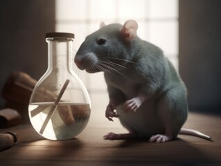 grey rat is sitting on a table in the laboratory. World Day for Laboratory Animals. Animal rights.