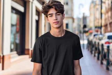Portrait of a handsome young man in black t-shirt on the street