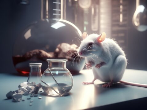 A white mouse is sitting on a table in the laboratory. World Day for Laboratory Animals. Animal rights.