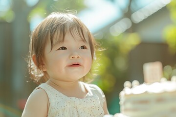 Portrait of a cute little girl with cake in the park.