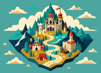 A detailed, medieval-style map with intricate illustrations and calligraphy. vektor illustation