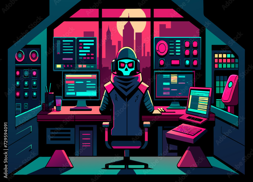 Poster a cyberpunk hacker's den with computer screens and virtual reality equipment. vektor illustation