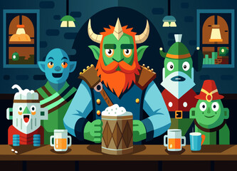 Naklejka premium A fantasy tavern filled with colorful characters and mugs of ale. vektor illustation