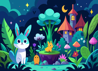 A magical, enchanted garden with talking animals and animated plants. vektor illustation