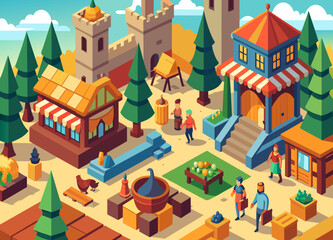 A detailed, isometric view of a bustling medieval marketplace. vektor illustation