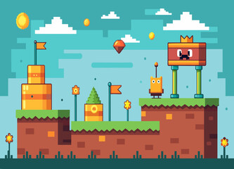 Obraz premium A pixel-art platformer game level with obstacles and collectible items. vektor illustation