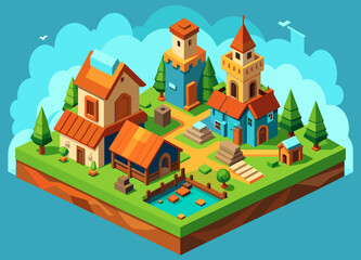 A detailed, isometric view of a medieval fantasy village with houses and farms. vektor illustation
