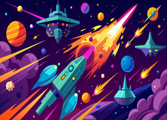 A cosmic space battle with starships and explosions in the vastness of space. vektor illustation